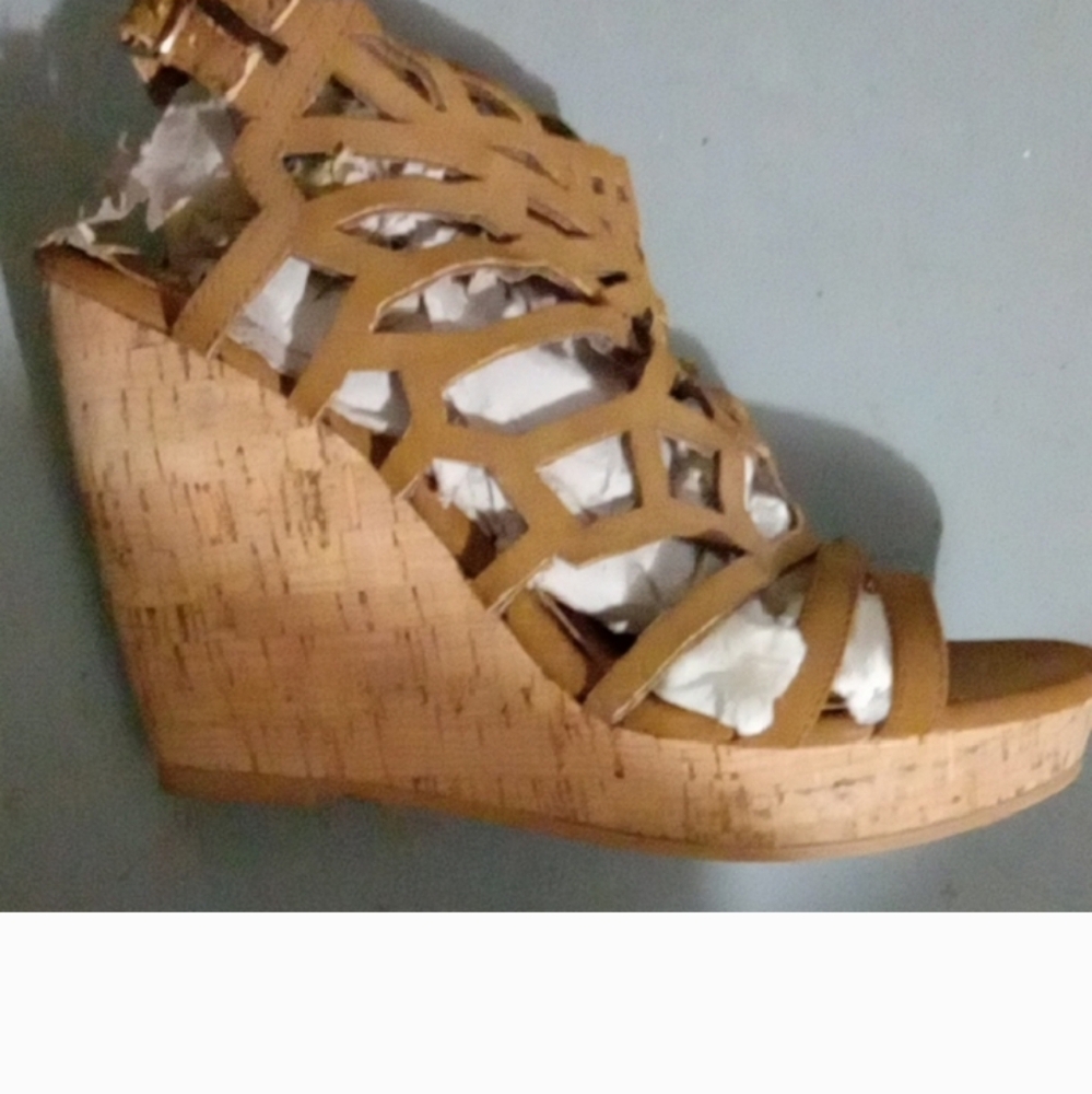 Tan Cut-Out Platform Wedge Sandals with Cork Heel Bohemian Beachy Casual Wedge - Picture 15 of 16